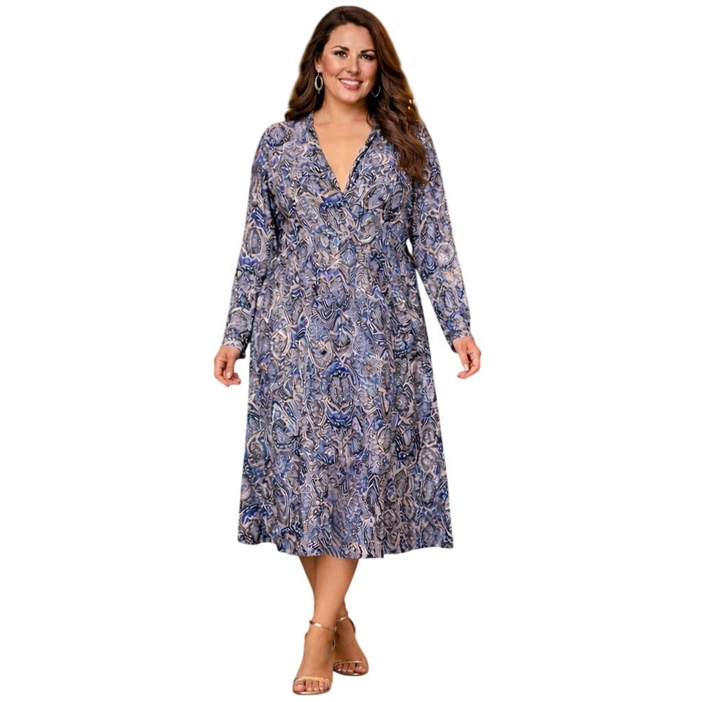 Lola Made in Italy Women's Paisley Print Long Sleeve V Neck Midi Dress Sz XL NWT